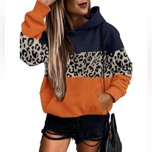NIB Color Block Leopard Stripe Print Pullover Hoodie Sweatshirt